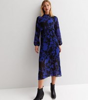 New Look Blue Floral High Neck Long Sleeve Pleat Skirt Midi Dress